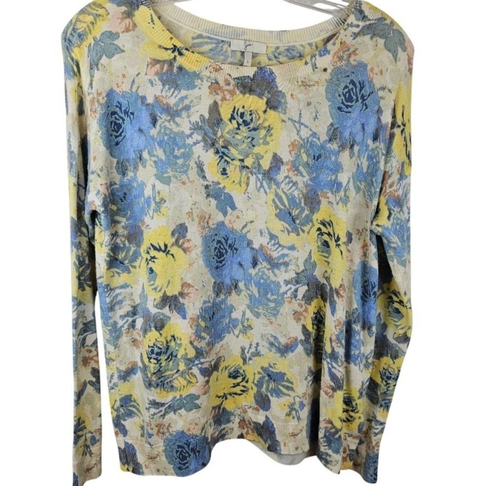 Joie Floral Knit Sweater Topβ Womens S Yellow Blue Rose Print